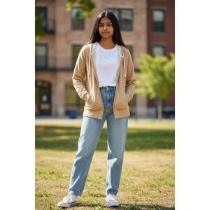 Gap Womens Tan Jersey Knit Full Zip Hoodie Contrast Large RN54023